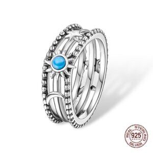 NWT S925 Sterling Silver Stamped Sun Moon Star Turquoise Wide Band Ring Sz. 7